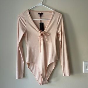 Material Girl Pale Blush Plunge Bodysuit Size S NWT